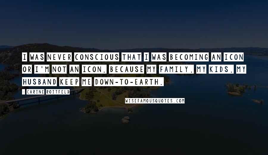 Carine Roitfeld Quotes: I was never conscious that I was becoming an icon or I'm not an icon, because my family, my kids, my husband keep me down-to-earth.