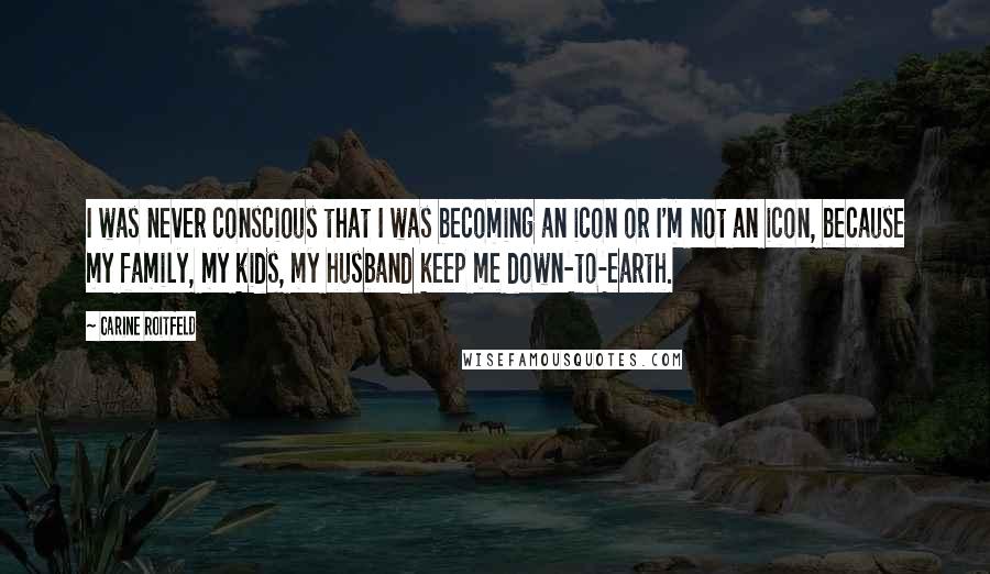 Carine Roitfeld Quotes: I was never conscious that I was becoming an icon or I'm not an icon, because my family, my kids, my husband keep me down-to-earth.