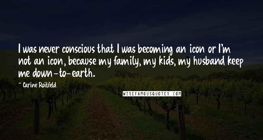 Carine Roitfeld Quotes: I was never conscious that I was becoming an icon or I'm not an icon, because my family, my kids, my husband keep me down-to-earth.