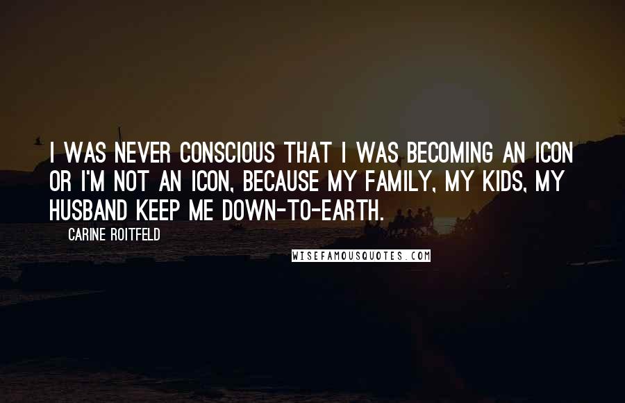 Carine Roitfeld Quotes: I was never conscious that I was becoming an icon or I'm not an icon, because my family, my kids, my husband keep me down-to-earth.