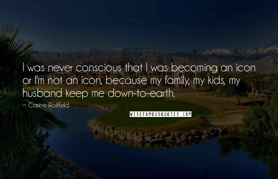 Carine Roitfeld Quotes: I was never conscious that I was becoming an icon or I'm not an icon, because my family, my kids, my husband keep me down-to-earth.