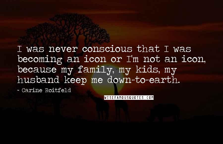 Carine Roitfeld Quotes: I was never conscious that I was becoming an icon or I'm not an icon, because my family, my kids, my husband keep me down-to-earth.