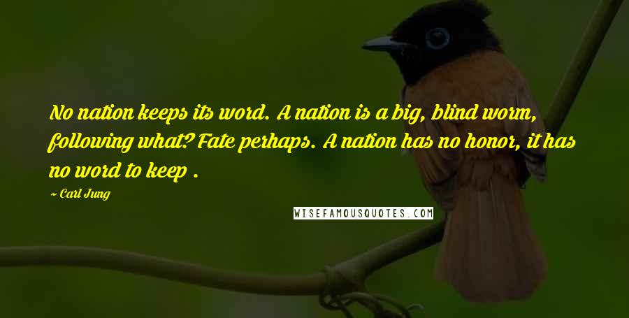 Carl Jung Quotes: No nation keeps its word. A nation is a big, blind worm, following what? Fate perhaps. A nation has no honor, it has no word to keep .