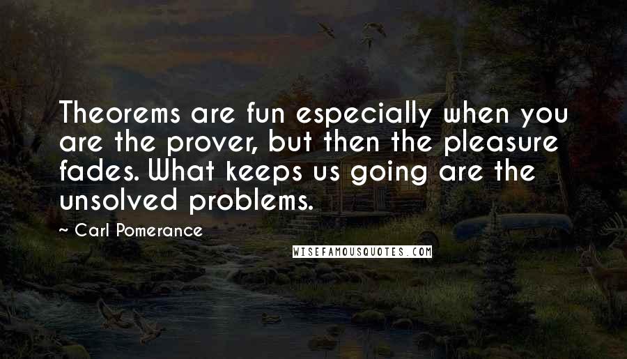 Carl Pomerance Quotes: Theorems are fun especially when you are the prover, but then the pleasure fades. What keeps us going are the unsolved problems.