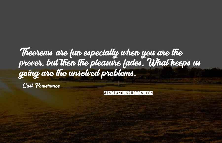 Carl Pomerance Quotes: Theorems are fun especially when you are the prover, but then the pleasure fades. What keeps us going are the unsolved problems.