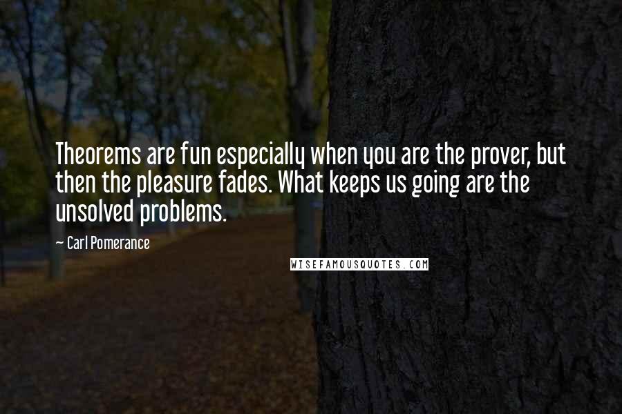 Carl Pomerance Quotes: Theorems are fun especially when you are the prover, but then the pleasure fades. What keeps us going are the unsolved problems.