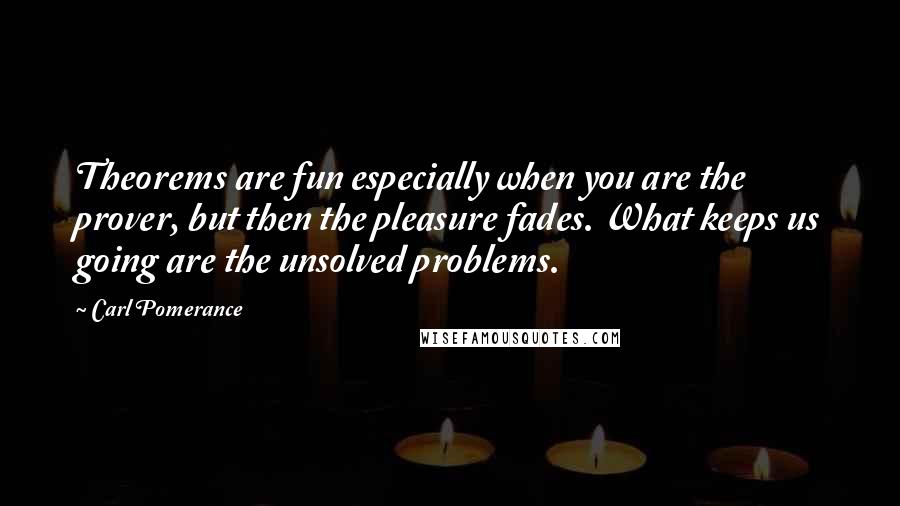 Carl Pomerance Quotes: Theorems are fun especially when you are the prover, but then the pleasure fades. What keeps us going are the unsolved problems.