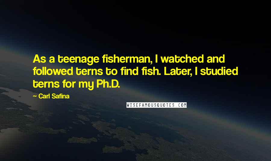 Carl Safina Quotes: As a teenage fisherman, I watched and followed terns to find fish. Later, I studied terns for my Ph.D.