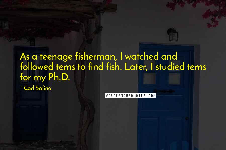 Carl Safina Quotes: As a teenage fisherman, I watched and followed terns to find fish. Later, I studied terns for my Ph.D.