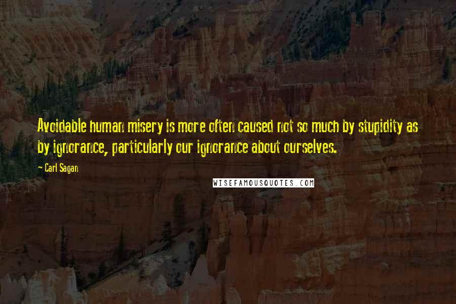 Carl Sagan Quotes: Avoidable human misery is more often caused not so much by stupidity as by ignorance, particularly our ignorance about ourselves.