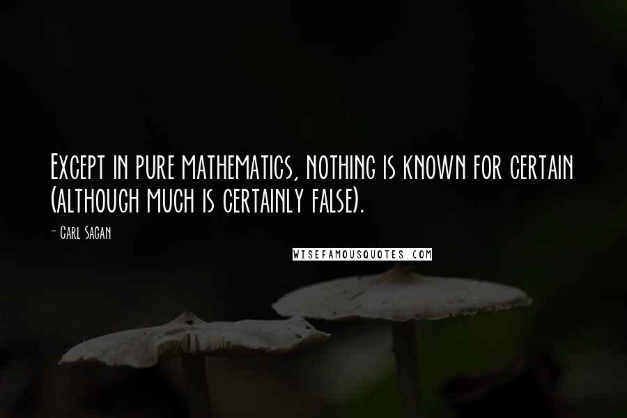Carl Sagan Quotes: Except in pure mathematics, nothing is known for certain (although much is certainly false).