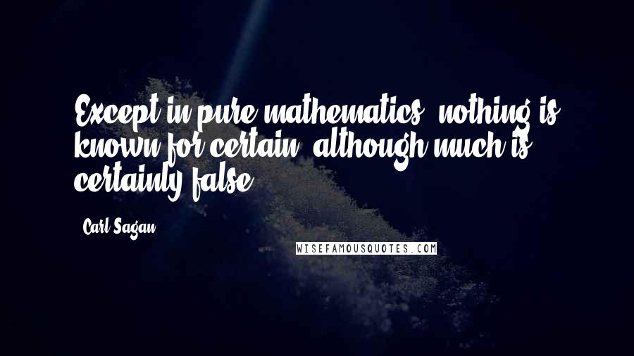 Carl Sagan Quotes: Except in pure mathematics, nothing is known for certain (although much is certainly false).