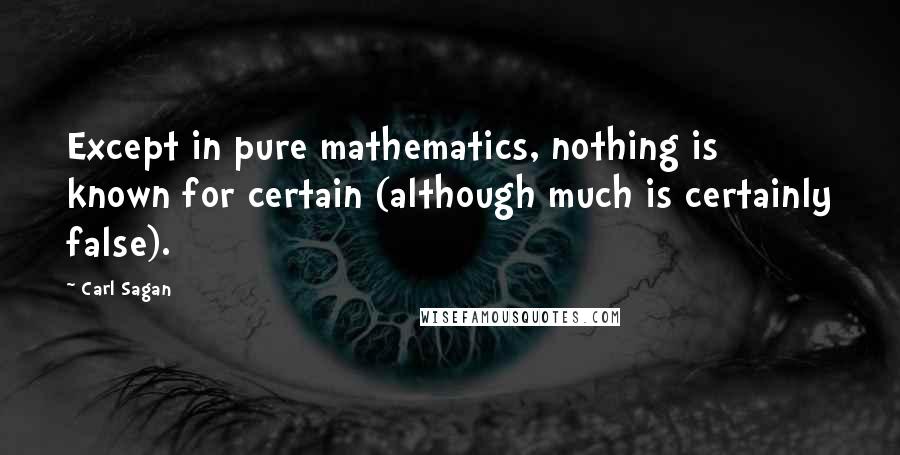 Carl Sagan Quotes: Except in pure mathematics, nothing is known for certain (although much is certainly false).