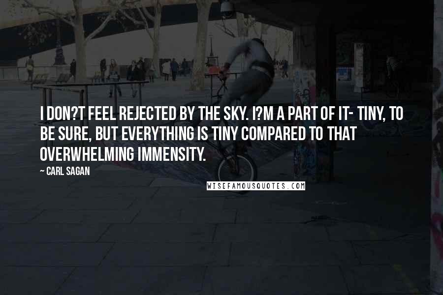 Carl Sagan Quotes: I don?t feel rejected by the sky. I?m a part of it- tiny, to be sure, but everything is tiny compared to that overwhelming immensity.