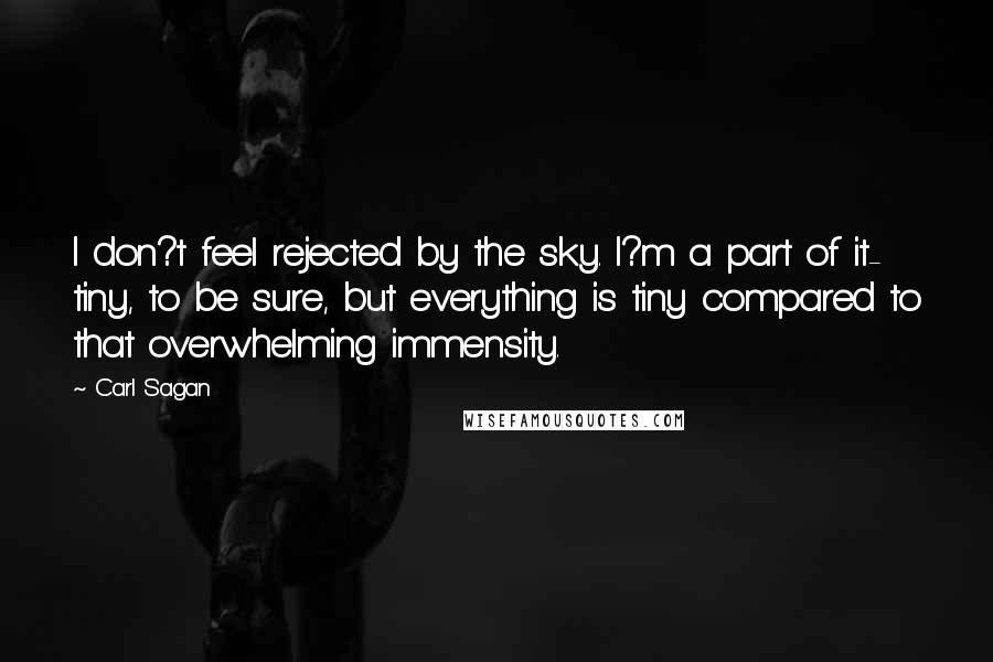 Carl Sagan Quotes: I don?t feel rejected by the sky. I?m a part of it- tiny, to be sure, but everything is tiny compared to that overwhelming immensity.