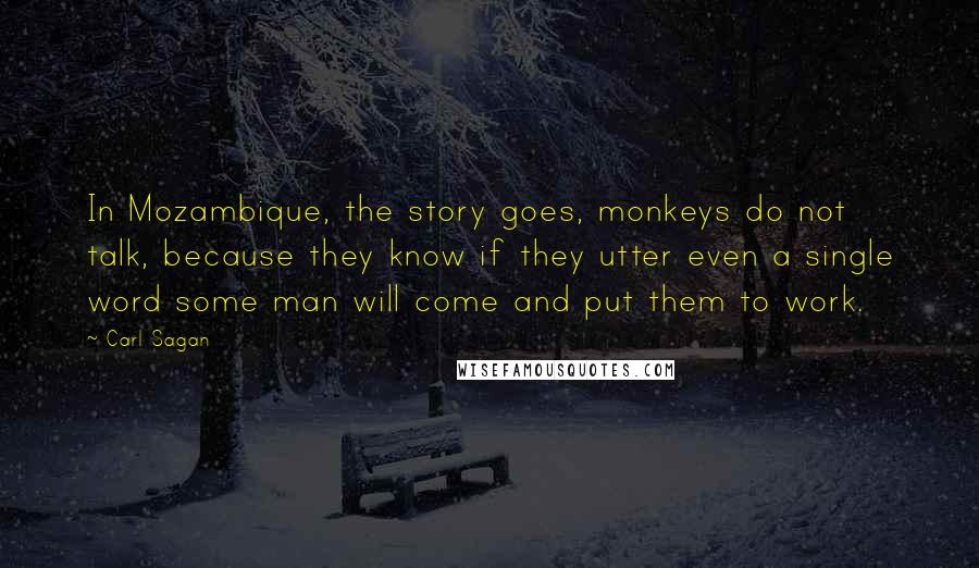 Carl Sagan Quotes: In Mozambique, the story goes, monkeys do not talk, because they know if they utter even a single word some man will come and put them to work.