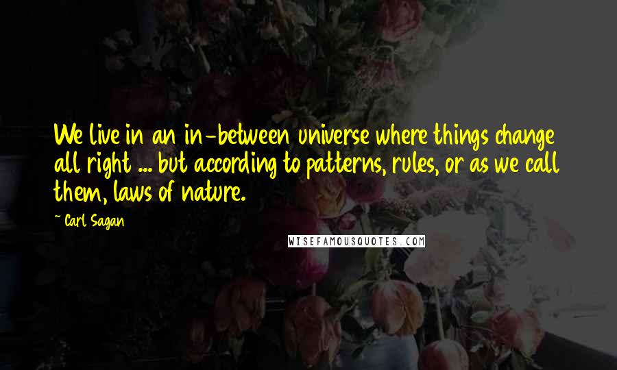Carl Sagan Quotes: We live in an in-between universe where things change all right ... but according to patterns, rules, or as we call them, laws of nature.