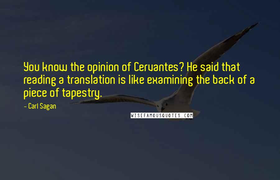 Carl Sagan Quotes: You know the opinion of Cervantes? He said that reading a translation is like examining the back of a piece of tapestry.