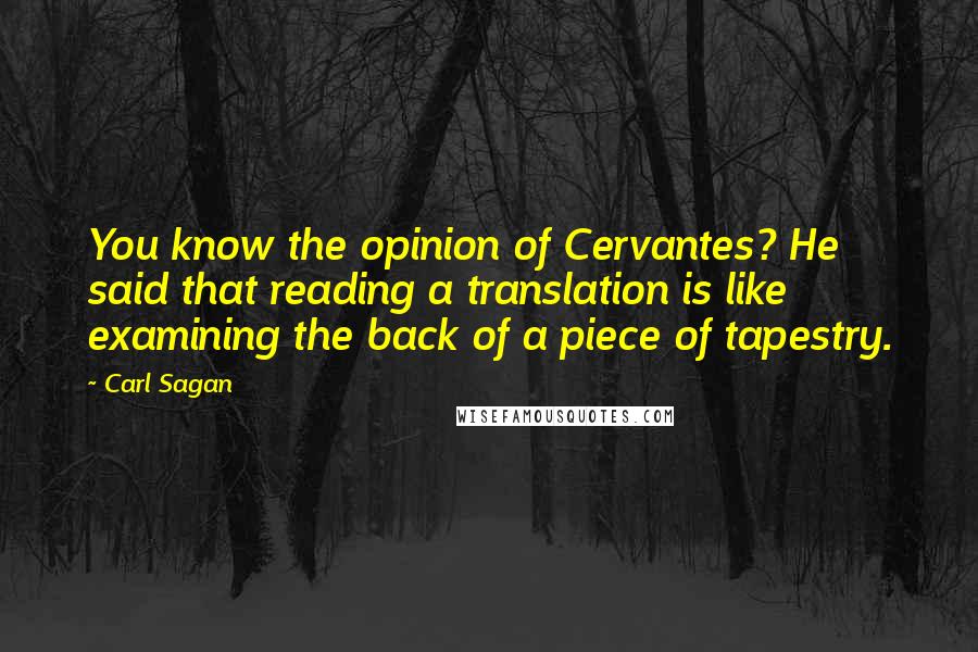 Carl Sagan Quotes: You know the opinion of Cervantes? He said that reading a translation is like examining the back of a piece of tapestry.