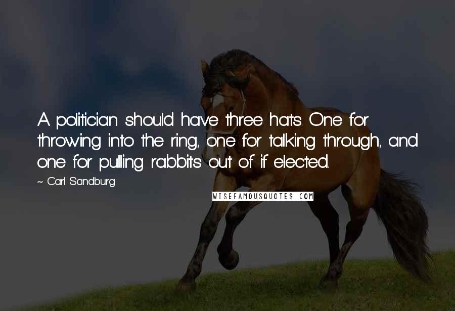 Carl Sandburg Quotes: A politician should have three hats. One for throwing into the ring, one for talking through, and one for pulling rabbits out of if elected.