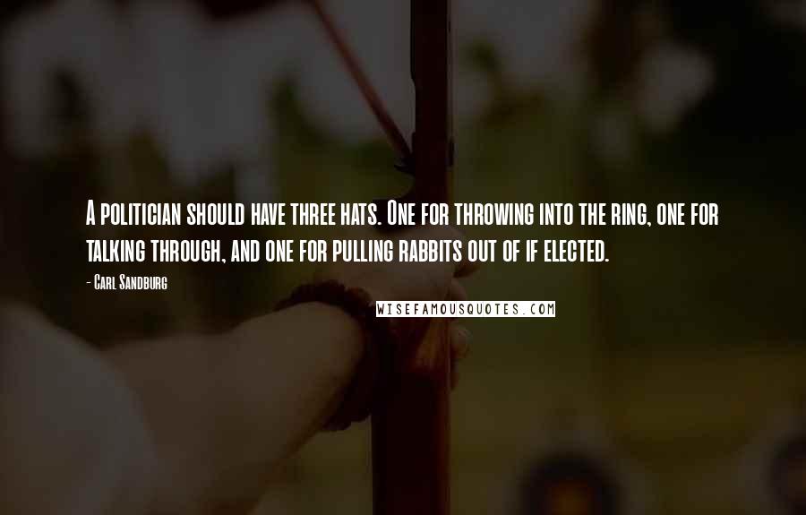 Carl Sandburg Quotes: A politician should have three hats. One for throwing into the ring, one for talking through, and one for pulling rabbits out of if elected.