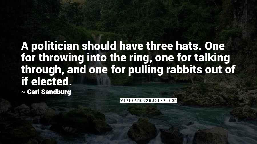 Carl Sandburg Quotes: A politician should have three hats. One for throwing into the ring, one for talking through, and one for pulling rabbits out of if elected.