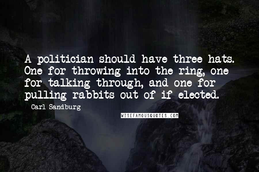 Carl Sandburg Quotes: A politician should have three hats. One for throwing into the ring, one for talking through, and one for pulling rabbits out of if elected.