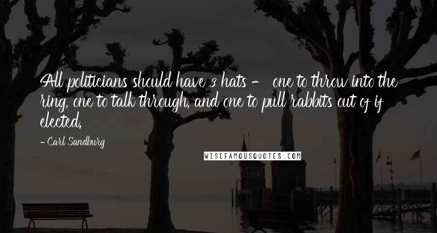 Carl Sandburg Quotes: All politicians should have 3 hats - one to throw into the ring, one to talk through, and one to pull rabbits out of if elected.