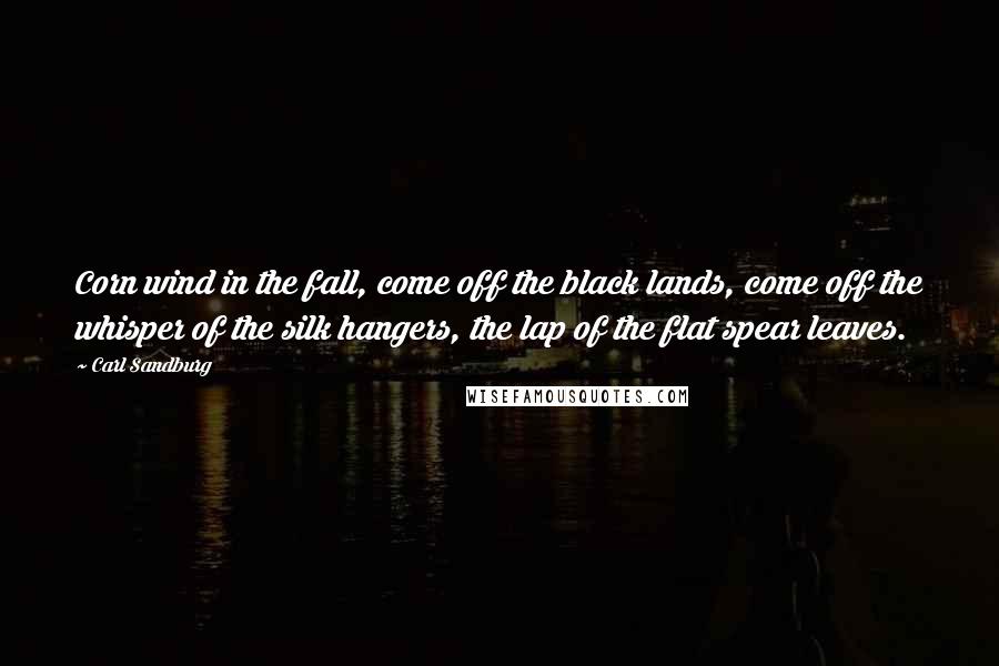 Carl Sandburg Quotes: Corn wind in the fall, come off the black lands, come off the whisper of the silk hangers, the lap of the flat spear leaves.