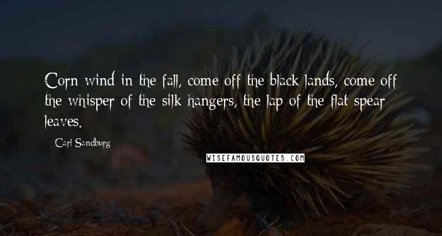 Carl Sandburg Quotes: Corn wind in the fall, come off the black lands, come off the whisper of the silk hangers, the lap of the flat spear leaves.