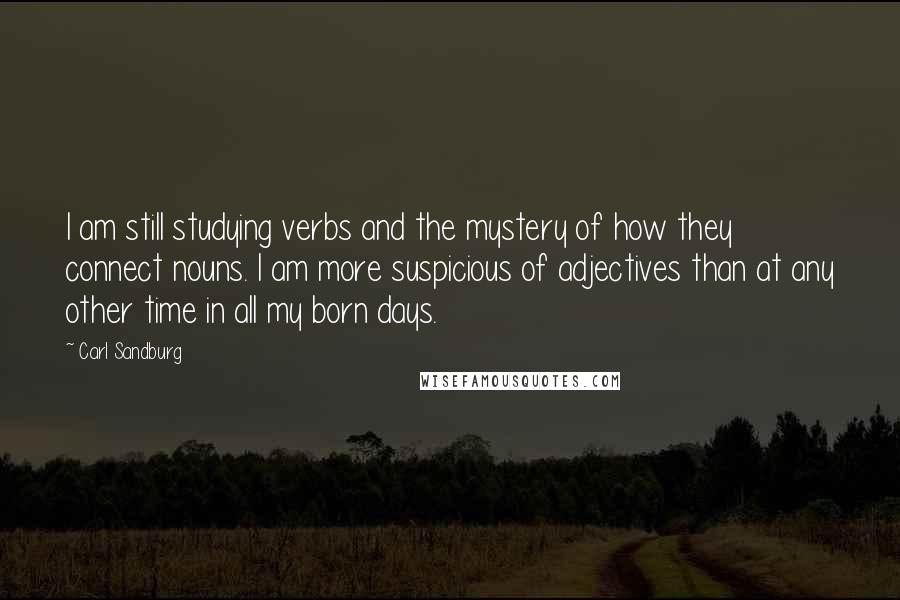 Carl Sandburg Quotes: I am still studying verbs and the mystery of how they connect nouns. I am more suspicious of adjectives than at any other time in all my born days.