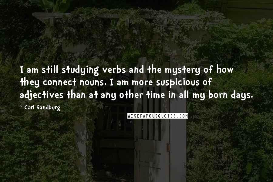 Carl Sandburg Quotes: I am still studying verbs and the mystery of how they connect nouns. I am more suspicious of adjectives than at any other time in all my born days.
