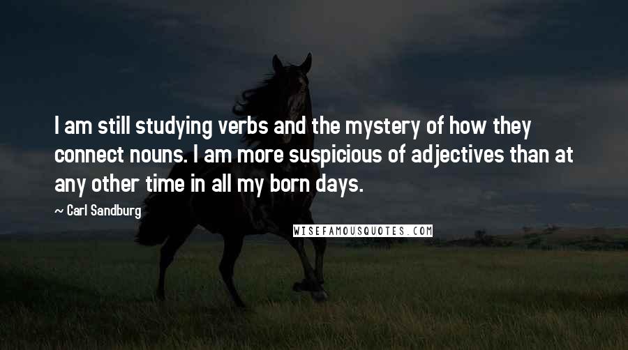 Carl Sandburg Quotes: I am still studying verbs and the mystery of how they connect nouns. I am more suspicious of adjectives than at any other time in all my born days.