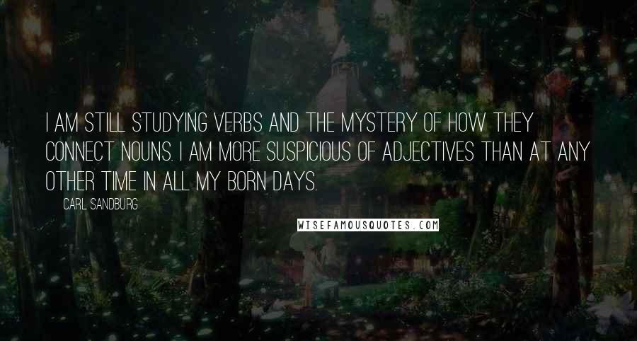 Carl Sandburg Quotes: I am still studying verbs and the mystery of how they connect nouns. I am more suspicious of adjectives than at any other time in all my born days.