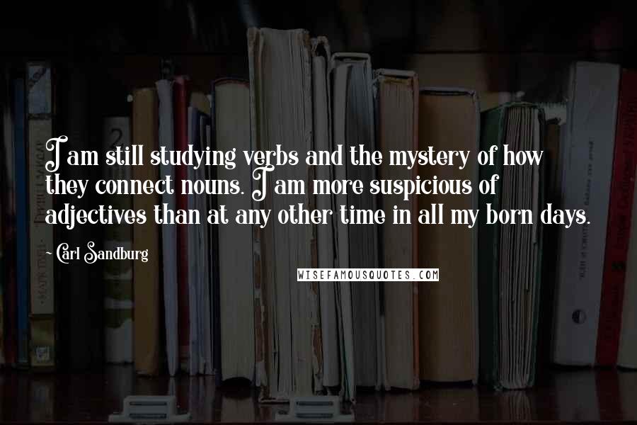 Carl Sandburg Quotes: I am still studying verbs and the mystery of how they connect nouns. I am more suspicious of adjectives than at any other time in all my born days.