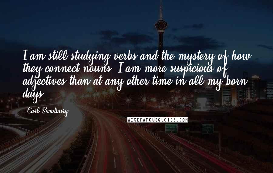 Carl Sandburg Quotes: I am still studying verbs and the mystery of how they connect nouns. I am more suspicious of adjectives than at any other time in all my born days.