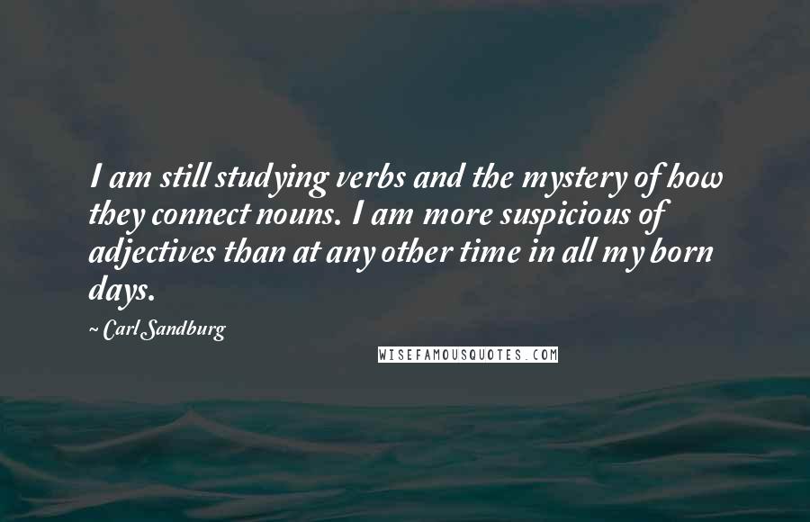 Carl Sandburg Quotes: I am still studying verbs and the mystery of how they connect nouns. I am more suspicious of adjectives than at any other time in all my born days.