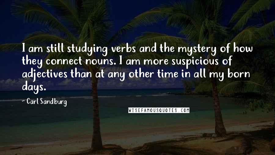 Carl Sandburg Quotes: I am still studying verbs and the mystery of how they connect nouns. I am more suspicious of adjectives than at any other time in all my born days.