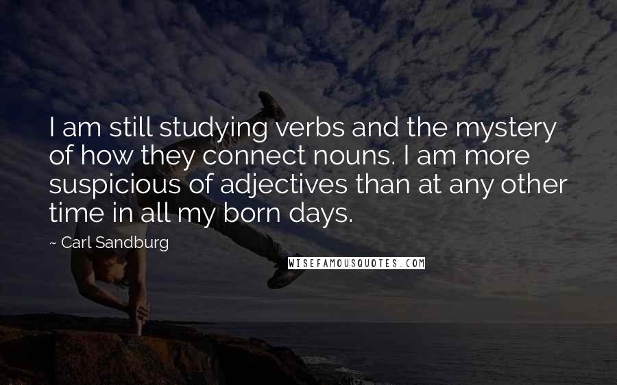 Carl Sandburg Quotes: I am still studying verbs and the mystery of how they connect nouns. I am more suspicious of adjectives than at any other time in all my born days.