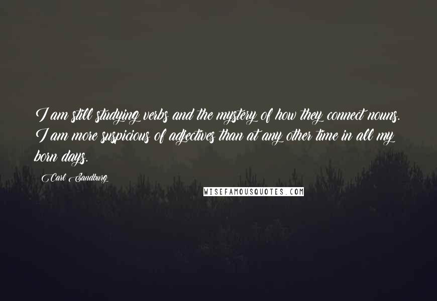 Carl Sandburg Quotes: I am still studying verbs and the mystery of how they connect nouns. I am more suspicious of adjectives than at any other time in all my born days.
