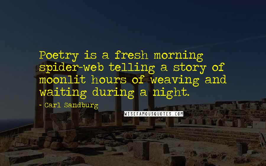 Carl Sandburg Quotes: Poetry is a fresh morning spider-web telling a story of moonlit hours of weaving and waiting during a night.