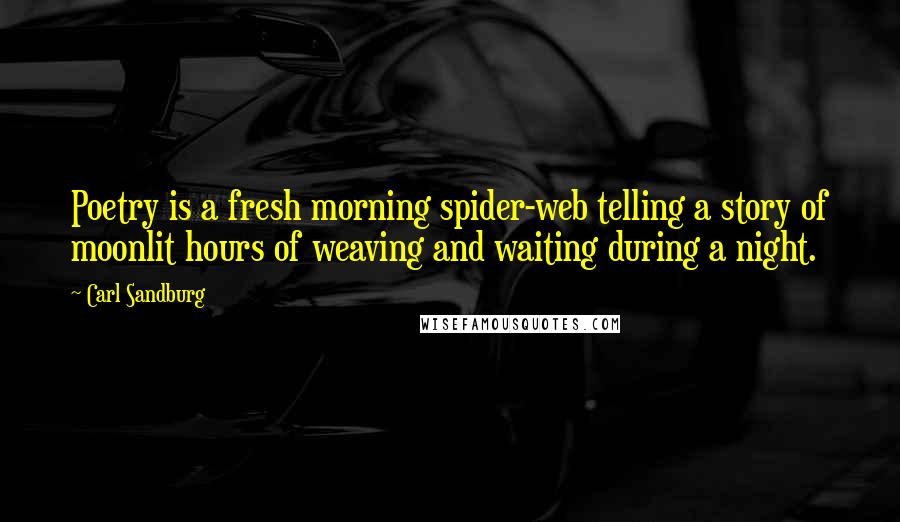 Carl Sandburg Quotes: Poetry is a fresh morning spider-web telling a story of moonlit hours of weaving and waiting during a night.