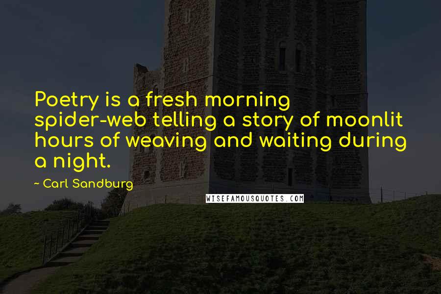 Carl Sandburg Quotes: Poetry is a fresh morning spider-web telling a story of moonlit hours of weaving and waiting during a night.