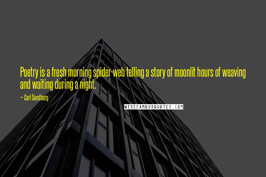 Carl Sandburg Quotes: Poetry is a fresh morning spider-web telling a story of moonlit hours of weaving and waiting during a night.