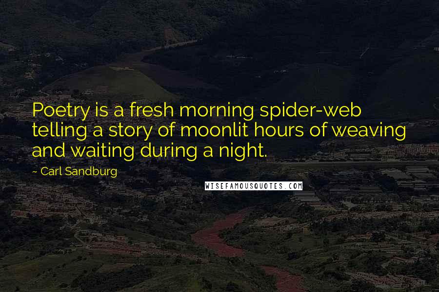 Carl Sandburg Quotes: Poetry is a fresh morning spider-web telling a story of moonlit hours of weaving and waiting during a night.