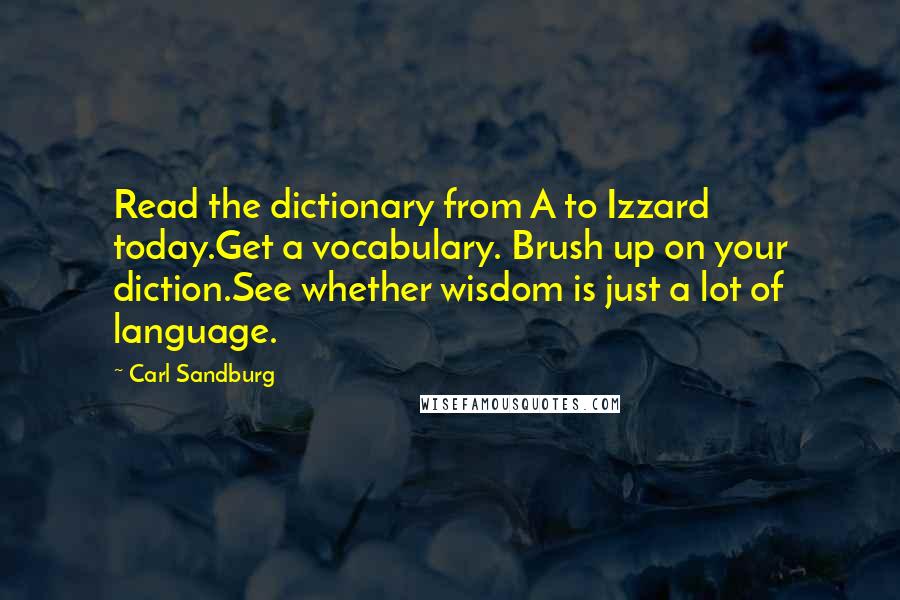 Carl Sandburg Quotes: Read the dictionary from A to Izzard today.Get a vocabulary. Brush up on your diction.See whether wisdom is just a lot of language.