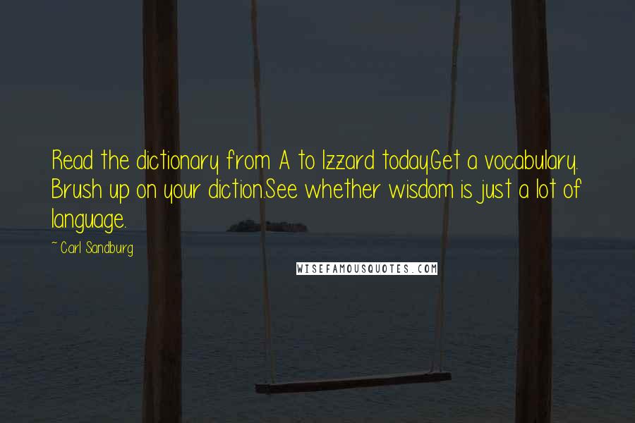 Carl Sandburg Quotes: Read the dictionary from A to Izzard today.Get a vocabulary. Brush up on your diction.See whether wisdom is just a lot of language.