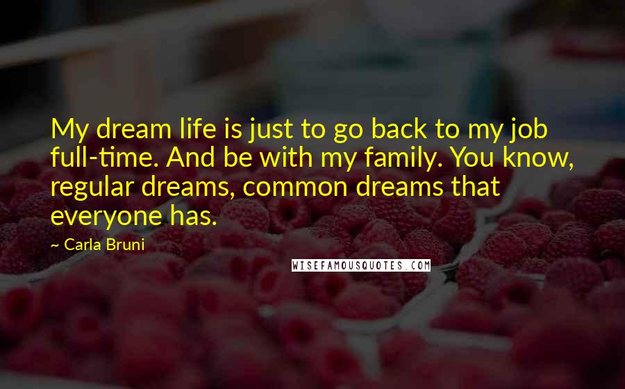 Carla Bruni Quotes: My dream life is just to go back to my job full-time. And be with my family. You know, regular dreams, common dreams that everyone has.