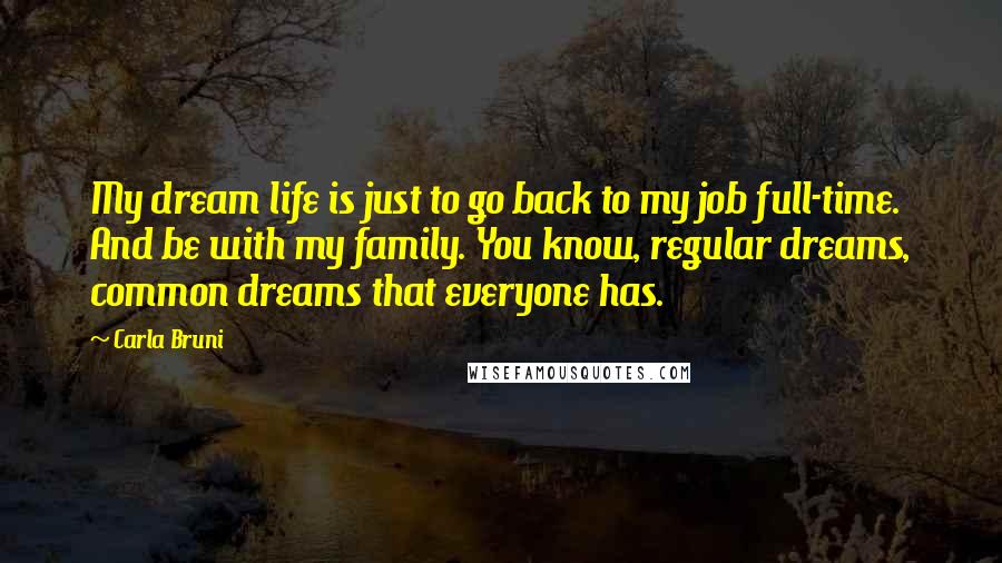 Carla Bruni Quotes: My dream life is just to go back to my job full-time. And be with my family. You know, regular dreams, common dreams that everyone has.