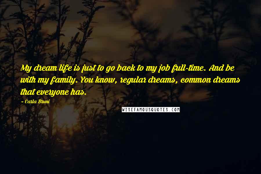 Carla Bruni Quotes: My dream life is just to go back to my job full-time. And be with my family. You know, regular dreams, common dreams that everyone has.